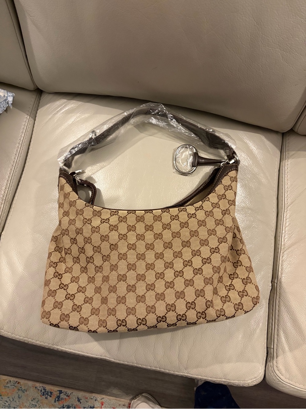 Gucci Beige GG Canvas Shoulder Bag with Brown Trim